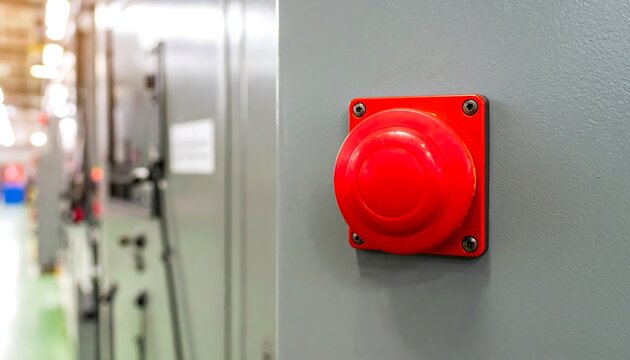 Close-up of a red emergency stop button on industrial equipment with blurred background