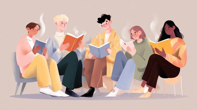 Diverse group enjoying peaceful reading time, perfect for book club promotions or quiet moment ads