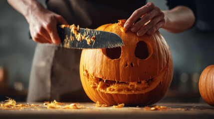 Hands carving a pumpkin into a jack o’ lantern with a saw. This image is ideal for illustrating Halloween, autumn traditions, holiday decorations, celebration, and creative seasonal activities.