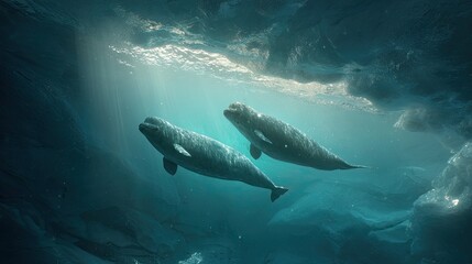 Fototapeta premium Two manatees gracefully swim beneath the surface of a serene, illuminated underwater environment.