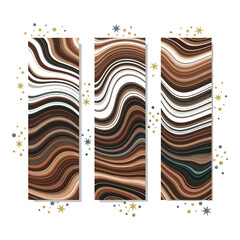 Art of three vertical abstract panels with flowing brown, white, and black wavy lines, adorned with scattered gold and dark stars