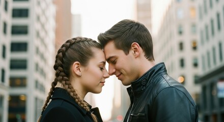Young caucasian couple embracing in urban setting with affectionate expression