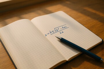Open notebook with quadratic formula written in ink, symbolizing algebra learning and study.