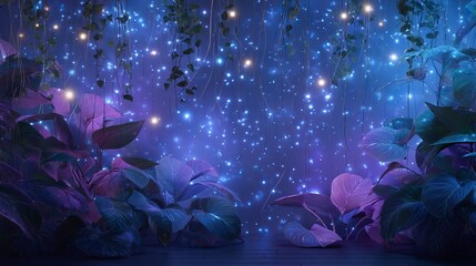 Enchanting jungle scene with glowing lights and lush, vibrant foliage under a starry night sky