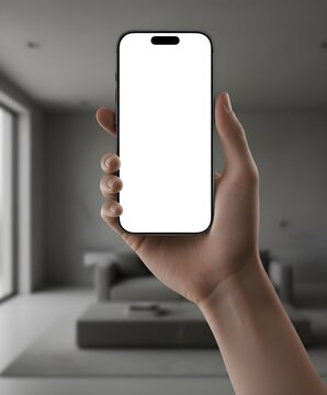 Hand holding iPhone 17 Pro with blank white display in a stylish living room, showcasing smartphone mockup for app UI, UX, and digital product design.