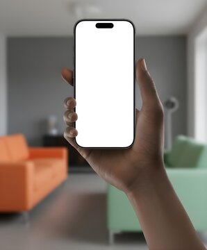 Hand holding Apple iPhone 17 Pro with empty white screen in a colorful modern living room, ideal smartphone mockup for app design and digital product showcase.