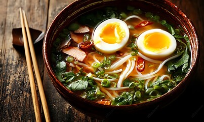 
Warm Bowl of Pho with Soft Boiled Eggs and Chopsticks

