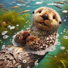 Playful Sea Otter Underwater Close Up Smiling Face and Whiskers