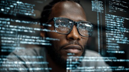 Focused programmer in glasses analyzing complex code on futuristic digital interface, deep in thought.