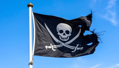Fototapeta premium Pirate Flag Skull and Swords Tattered Jolly Roger Against Blue Sky