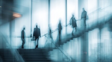 Blurred business people ascend modern office stairs in dynamic blue light capturing motion and progress