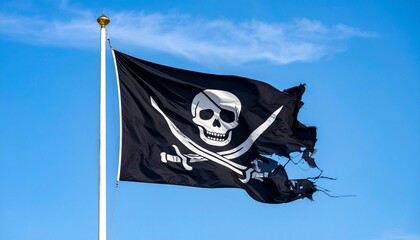 Fototapeta premium Pirate Flag Waving in the Wind Against a Blue Sky