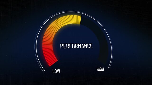 Digital animated performance meter presentation, indicator from high to low, gauge abstract motion background of gradient multicolored shapes and forms, rating scale display, copy space.