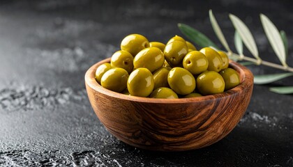 Close-up of a Wooden Bowl Filled with Green Olives and an Olive Branch on a Dark Surface