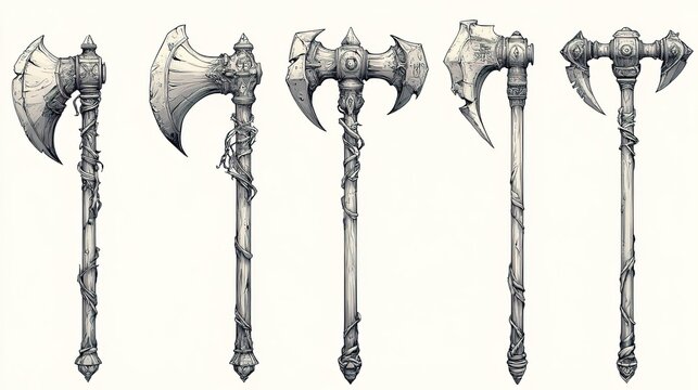 Set of Fantasy Battle - Axes with Ornate Designs and Twisted Shafts 