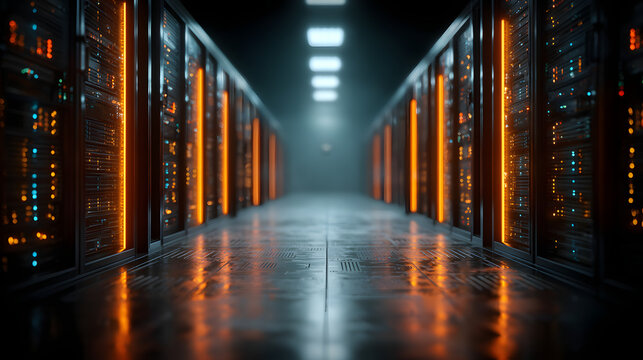 Information traveling through the data center storag in blue and orange colors Cloud computer system intrnet infrastructure room, ybersecurity, telecommuniction cluster, rack hardwar technology