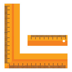 Art of set of orange measuring rulers, including a large lsquare and a smaller straight ruler, isolated on white background