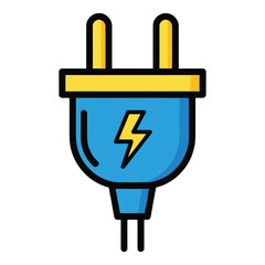 Obraz premium Art of blue electrical plug with yellow prongs and a lightning bolt symbol, isolated on white background