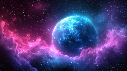 Obraz premium Blue Planet Surrounded by Pink and Purple Nebulas in Star - Filled Space 
