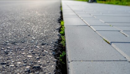 Obraz premium Close-up of green grass growing in the seam between a textured asphalt road and a smooth concrete sidewalk on a sunny day
