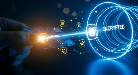 Secure transaction concept. A hand holds a holographic credit card, and the payment is protected by a glowing blue "ENCRYPTED" data tunnel.