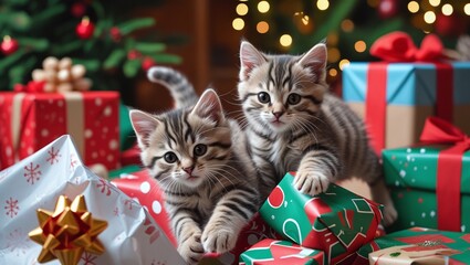 Two Tabby Kittens amidst Festive Christmas Presents Under Holiday Tree