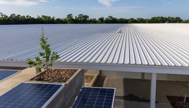 Modern Industrial Building with Corrugated Metal Roof and Solar Panels - Powered by Adobe
