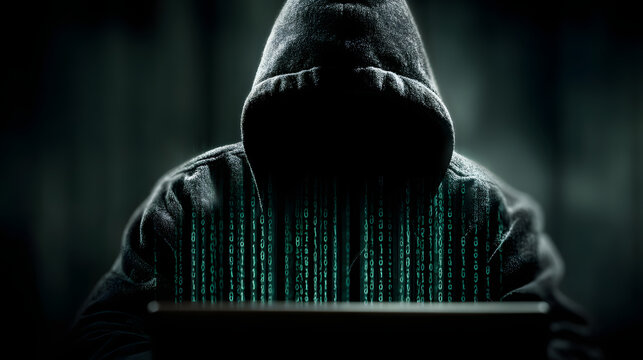 Cyber security concept. Cyber crime hacker with laptp. Abstract binary code diital interface. - Powered by Adobe