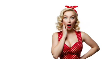beautiful blonde girl with emotional expression wearing a red dress with white polka dots, typical of the golden years