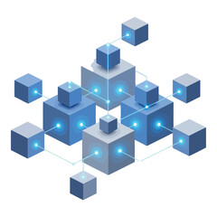 Art of an abstract representation of a digital network with interconnected blue cubes and glowing lines, isolated on white background