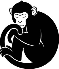 serene chimpanzee silhouette peaceful primate, tranquil pose, emblem of quiet contemplation, isolated on transparent background