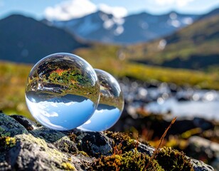 Lens ball captures stunning mountain landscape reflecting sky and clouds