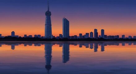 Fototapeta premium Cityscape Sunset: Sleek Towers Mirrored in Calm Waters