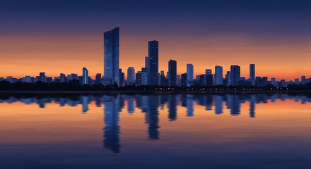 Cityscape Sunset: Serene Silhouette Reflections in Calm Waters