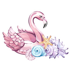 Enjoy summer vibes with a playful pink flamingo among seashells, starfish, and ocean treasures perfect for beach getaways