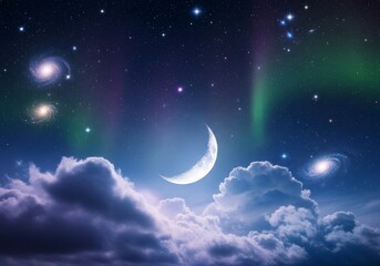 Crescent Moon and Stars in a Dreamy Night Sky with Clouds and Aurora Borealis.