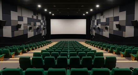 Naklejka premium Empty modern cinema auditorium with rows of plush green seats and a large blank screen awaiting viewers