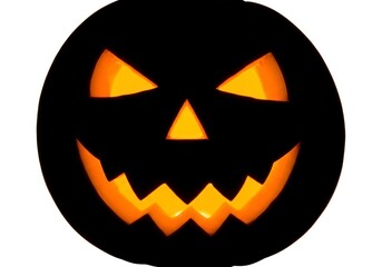Spooky Halloween Jack-o-Lantern with Glowing Orange Face on White Background.