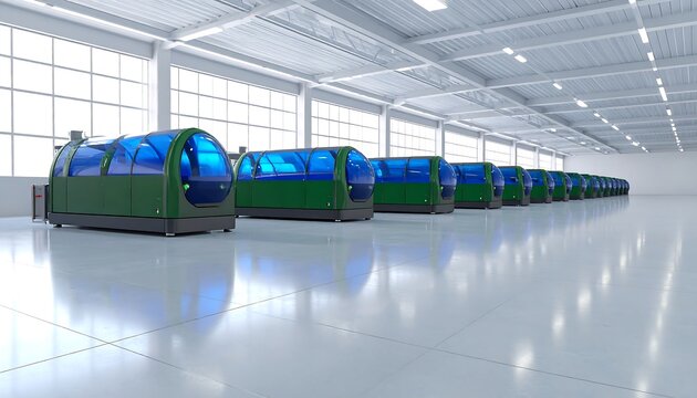 Automated vehicle pods in a modern warehouse, showcasing technological innovation - Powered by Adobe