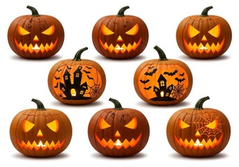 Collection of Spooky Halloween Pumpkins with Glowing Faces and Haunted House Silhouettes.