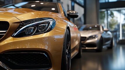 Sleek gold car with advanced lighting showcased next to silver car in showroom.