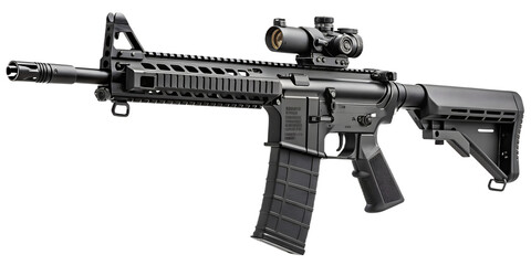 Realistic Tactical Rifle PNG – Side View, Matte Black, Custom Clean Design, Isolated Transparent Background