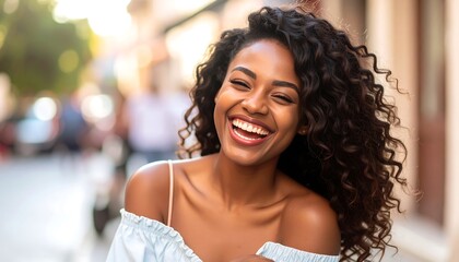 Joyful woman laughing outdoors