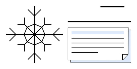 Snowflake next to stacked documents, representing uniqueness, organization, creativity, order, and innovation. Ideal for data, individuality, documentation systems processing creativity winter