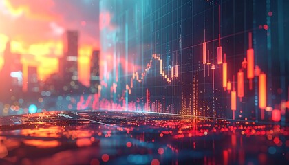 Futuristic cityscape overlayed with financial charts