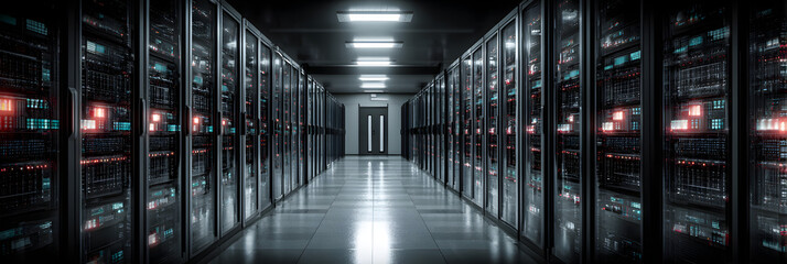 High-tech server room data enter with rows of compute racks storing vast amount of information. Mainframeservers process complex alorithms in a secure, climae-controlled environment.