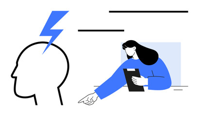 Woman pointing while holding a clipboard, human head with a lightning bolt symbolizing creativity, idea, innovation, problem-solving, teamwork, brainstorming, decision-making, creative strategy