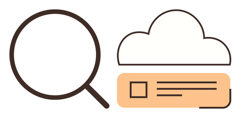Obraz na płótnie Canvas Magnifying glass beside cloud with a file represents searching, analyzing, and accessing online data. Ideal for cloud computing, file management, data analysis, technology, research, information