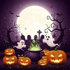 Spooky Halloween Night Scene with Pumpkins, Ghosts, and a Full Moon.
