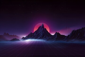 Synthwave Grid Mountain Range: Retro-Futuristic Landscape, Evoking 80s Aesthetic with Bold Geometric Design.